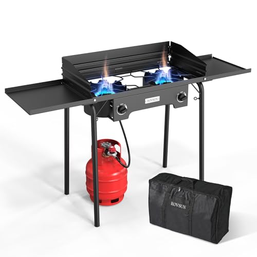 2 Burner Outdoor Propane Gas Stove with Windshield, Side Shelves & Carry Bag - 150,000 BTU Camping Cooker