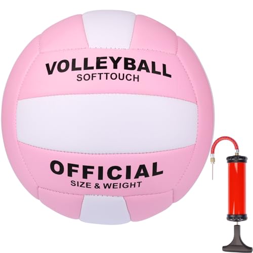 Size 5 Volleyball with Air Pump - White & Pink PVC Indoor Outdoor Training Ball