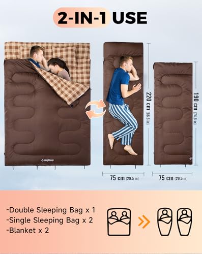 KingCamp Double Sleeping Bag for Adults - Queen Size, Coffee, 2 Person