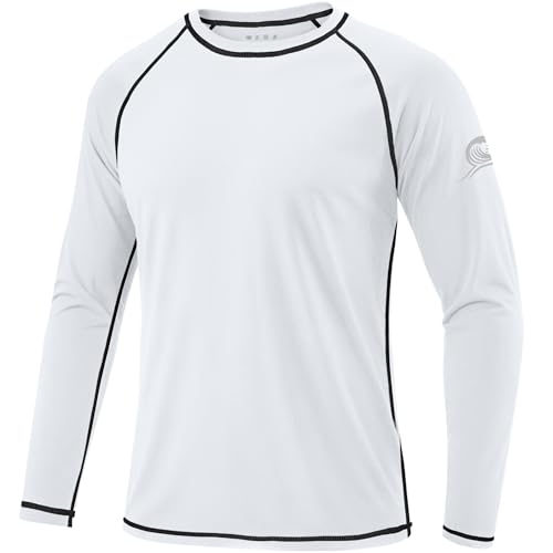 Men's UPF 50+ Long Sleeve Rash Guard Swim Shirt - Large White UV Sun Protection