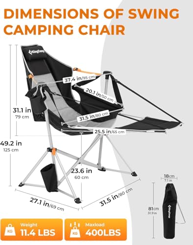 KingCamp Hammock Chair with Footrest - Deluxe Black/Grey Swinging Outdoor Chair for Relaxation, Supports 400lbs