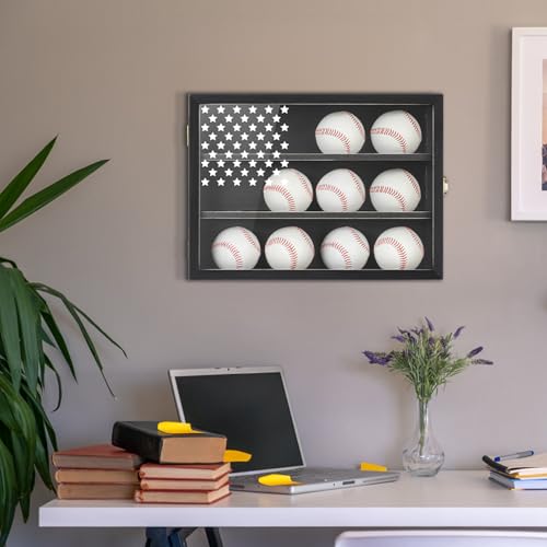 GYaozii Retro Baseball Display Case for 12 Balls with UV Protection Wood Frame - Black with Flag Detail