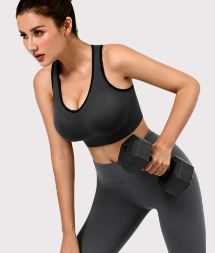 Double Couple Sports Bras for Women Large Black Blue Grey High Impact Workout Racerback