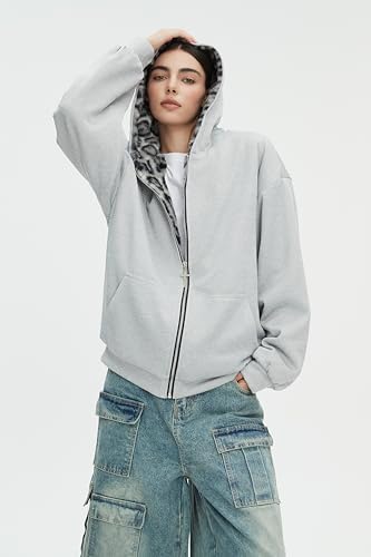 Leopard Print Reversible Hoodie Jacket - Grey Medium, CUTEGAL
