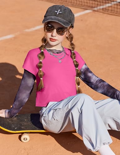 Girls Batwing Short Sleeve Athletic Crop Top T-Shirt - Hot Pink, 9-10 Years