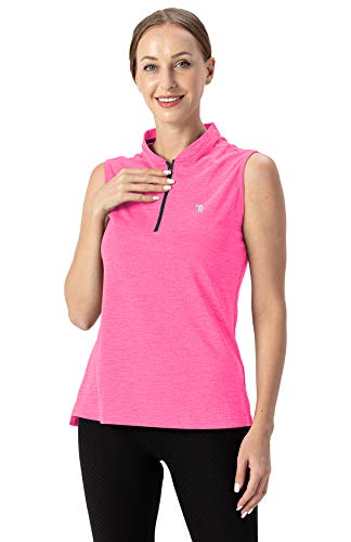 YSENTO Women's Golf Polo Tank Top - Medium Fluorescence Rose Red, Sleeveless, 1/4 Zip, UPF 50+