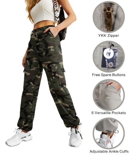 Lepunuo Women's High Waisted Cargo Pants - Travel Y2K Streetwear Baggy Stretchy with 6 Pockets, Drawstring, Ankle Cuffs, Large / Camouflage Green