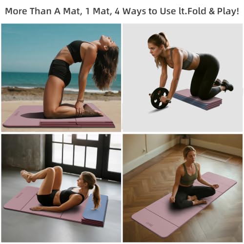 LVME Foldable Yoga Mat 71 x 24 Inches with Non-Slip Surface - Dusty Pink + Silver Blue