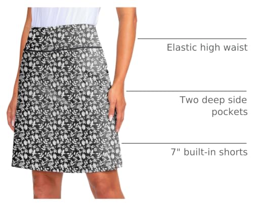 Women's 20-Inch Knee Length Skorts Skirt with UPF50+ - Black Flower, Medium