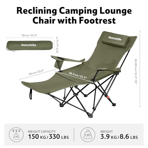 Naturehike Green 3-Position Adjustable Camping Recliner with Footrest - Heavy Duty Folding Lounge Chair, Portable with Carry Bag, Cup Holder & Side Pocket, Supports 330 lbs