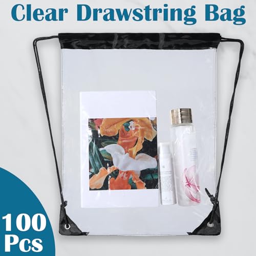 100 Pack Clear Drawstring Backpacks Bulk Stadium Approved Bags for Sports & Events - Black