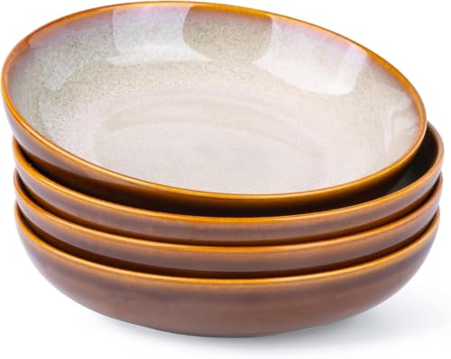 Ceramic Pasta Bowls Set of 4 - 9 Inch, 38oz Large Stoneware, Khaki