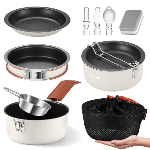 Odoland 10-Piece Camping Cookware Set Cream White Non-Stick Pots & Pans