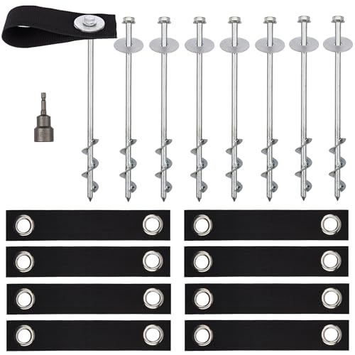 8 Pack Trampoline Anchors Heavy Duty Wind Stakes with Straps & Drill Bit - Ground Anchors for High Wind Stability