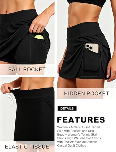 Women's High Waisted Tennis Skort with Built-in Shorts - Large Black