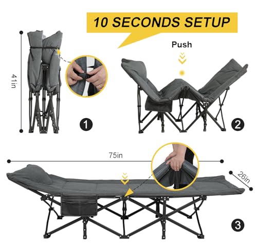 Grey Folding Camping Cot for Adults with Cushion & Pillow - Portable Bed