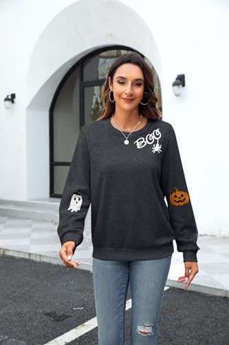 HEBBE Halloween Ghost Sweatshirt Women Spooky Season Pullover Large Dark Grey