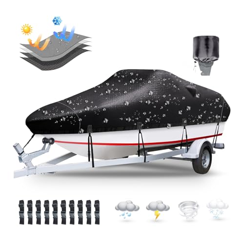 Trailerable Boat Cover 20-22ft, Heavy Duty 1200D Oxford, Black, Fit 20-22 ft Boat with Adjustable Straps