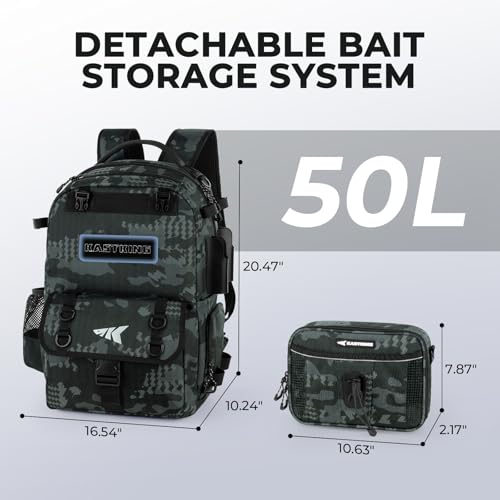 KastKing BaitSpace 50L Fishing Backpack with 4 Tackle Boxes, 2 Rod Holders - Black Camo