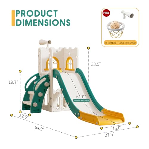 Toddler Indoor Slide with Climber Basketball Hoop and Storage - Wider & Longer