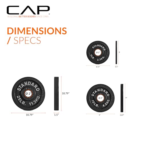 CAP 110lb Olympic Cast Iron Weight Plate Set - Black, 2-Inch Plates for Strength Training