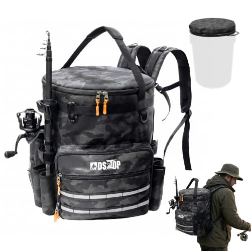 MDSTOP Black Camo Fishing Bucket Backpack with Seat & Tackle Storage