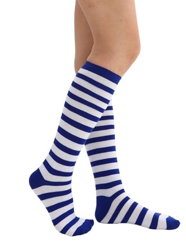 Women's Casual Striped Knee High Athletic Socks - Royal Blue & White, One Size