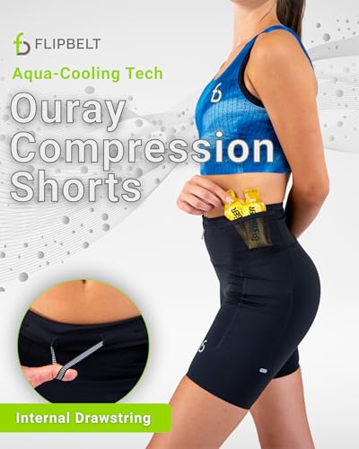 FlipBelt Women's Running Compression Shorts with Built-in Belt - Small, Ouray Black 6in