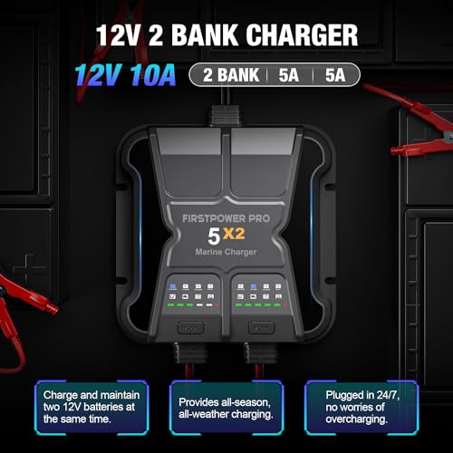 FirstPower Pro 5X2 2-Bank 10A Marine Battery Charger 12V Waterproof Boat Charger
