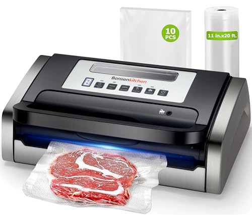 Bonsenkitchen Vacuum Sealer with Easy Handle & Silver Black Finish, 1 Roll & 10 Bags