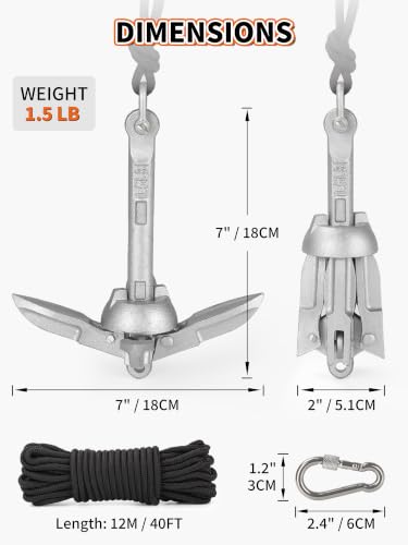 Silver 1.5 lb Folding Grapnel Anchor Kit with 40 ft Rope & Buoy for Kayaks and Small Watercraft
