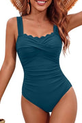 Large Teal Tummy Control One Piece Swimsuit with Scalloped Vintage Design for Women