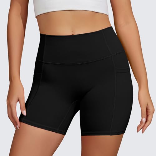 Women's High Waist Biker Shorts with Pockets - No Front Seam Yoga Shorts Black Medium Variation