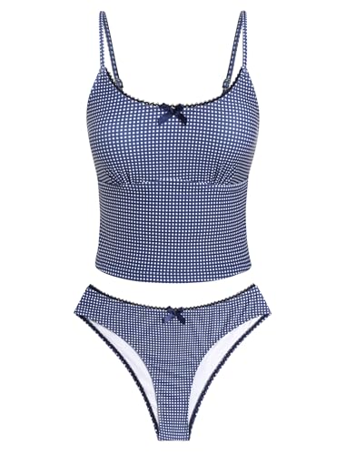 Women Tankini Swimsuit Tummy Control 2-Piece Bathing Suit Small Navy Plaid