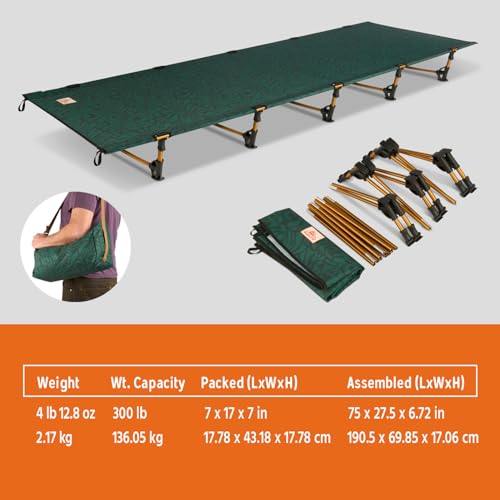 Kelty Lowdown Camping Cot - Lightweight Aluminum Bed Frame, 300 lbs Capacity, Fern Green