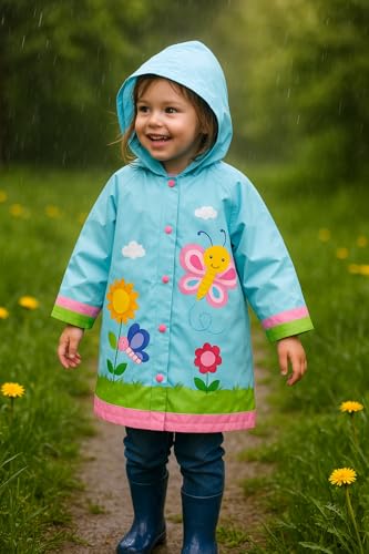 Kids Waterproof Hooded Rain Slicker - Lightweight Outwear Jacket for 8-9 Years Light Blue Butterfly