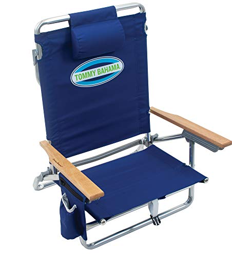 Navy 5-Position Lay Flat Folding Backpack Beach Chair with Cooler & Towel Bar - Tommy Bahama