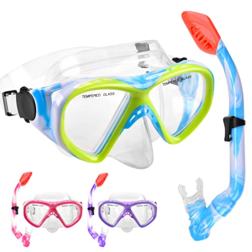 Kids Snorkel Set with Tempered Glass Mask Dry Top Snorkeling Gear Blue - Ages 5-15