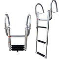 Silver 3-Step Telescoping Boat Ladder - Heavy Duty Stainless Steel Pontoon Boarding Ladder with Wide Steps & Hand Railings