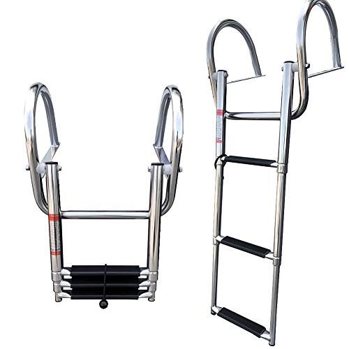 Silver 3-Step Telescoping Boat Ladder - Heavy Duty Stainless Steel Pontoon Boarding Ladder with Wide Steps & Hand Railings