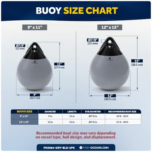 Five Oceans 12x15 Inch Boat Buoy 2-Pack Gray & Black Marine-Grade Vinyl with Ropes & Pump