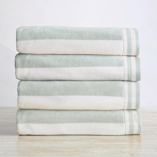 4 Pack Oversized Cotton Beach Towels - 35x70 Seafoam Cabana Stripe Set