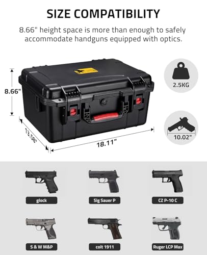 CVLIFE 18-Inch Hard Shell Gun Case for 5 Pistols & 12 Magazines, Waterproof