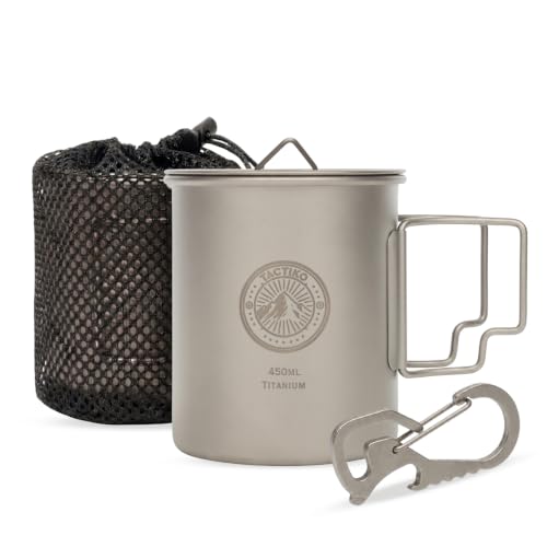 Titanium Camping Mug 15 oz - Ultra Lightweight, Fire Safe, Folding Handle