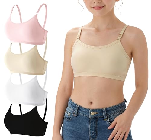 Girls' Training Cotton Sports Bra with Adjustable Spaghetti Straps - Pink, Skin, White, Black, 9-12 Years