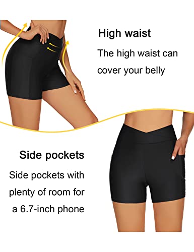 Tournesol Women's 4-Inch High Waisted Swim Shorts with Pockets - XX-Large Black