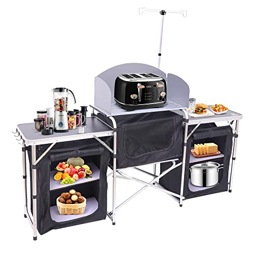 Folding Camping Kitchen Table with Light Stand & Windshield - Silver