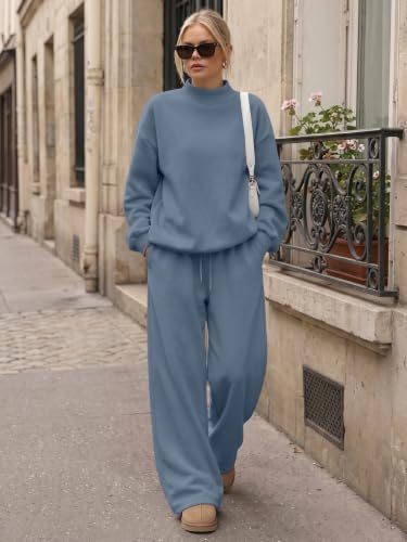 Women's Mock Neck Sweat Sets - 2 Piece Fall Outfits, Medium / Grey Blue