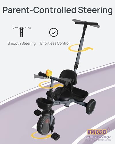 KRIDDO 2-in-1 Parent Steering Toddler Tricycle Grey for Ages 1.5-5 Years