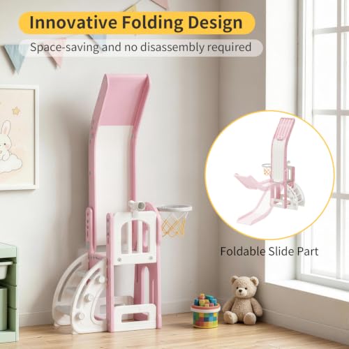 Pink 6 in 1 Toddler Indoor Outdoor Slide for 1-3 Year Olds, Foldable Playset